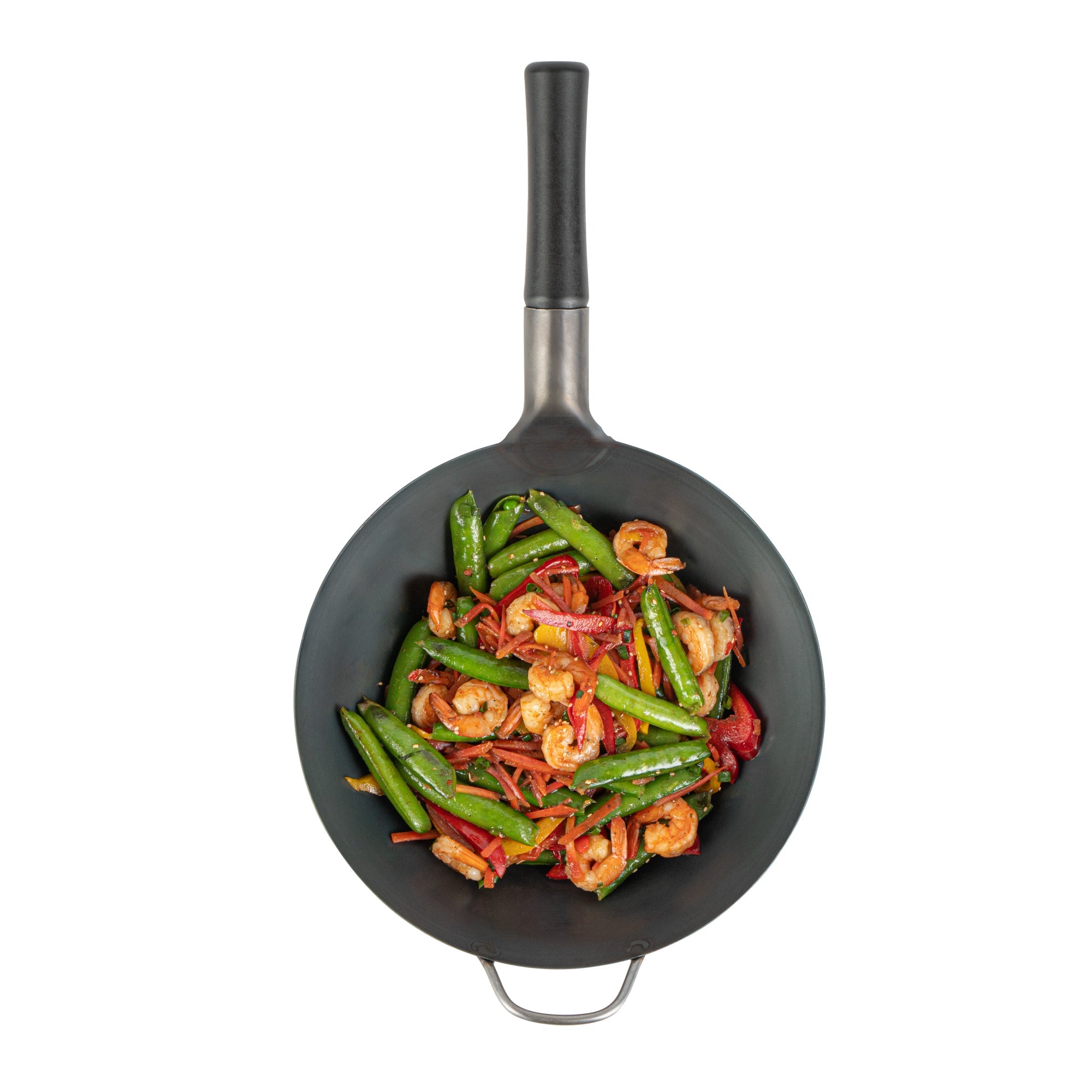 Motomori 12" Black Carbon Steel Flat Bottom Wok / Stir Fry Pan - Pre-seasoned, with Wooden Handle - 10 count box