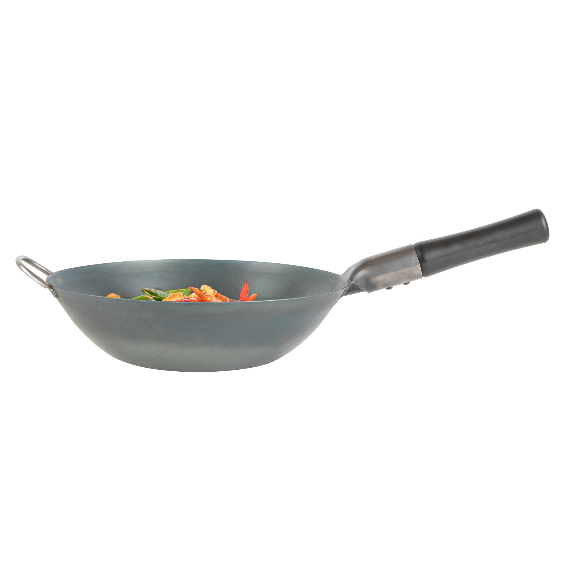 Motomori 12" Black Carbon Steel Flat Bottom Wok / Stir Fry Pan - Pre-seasoned, with Wooden Handle - 10 count box
