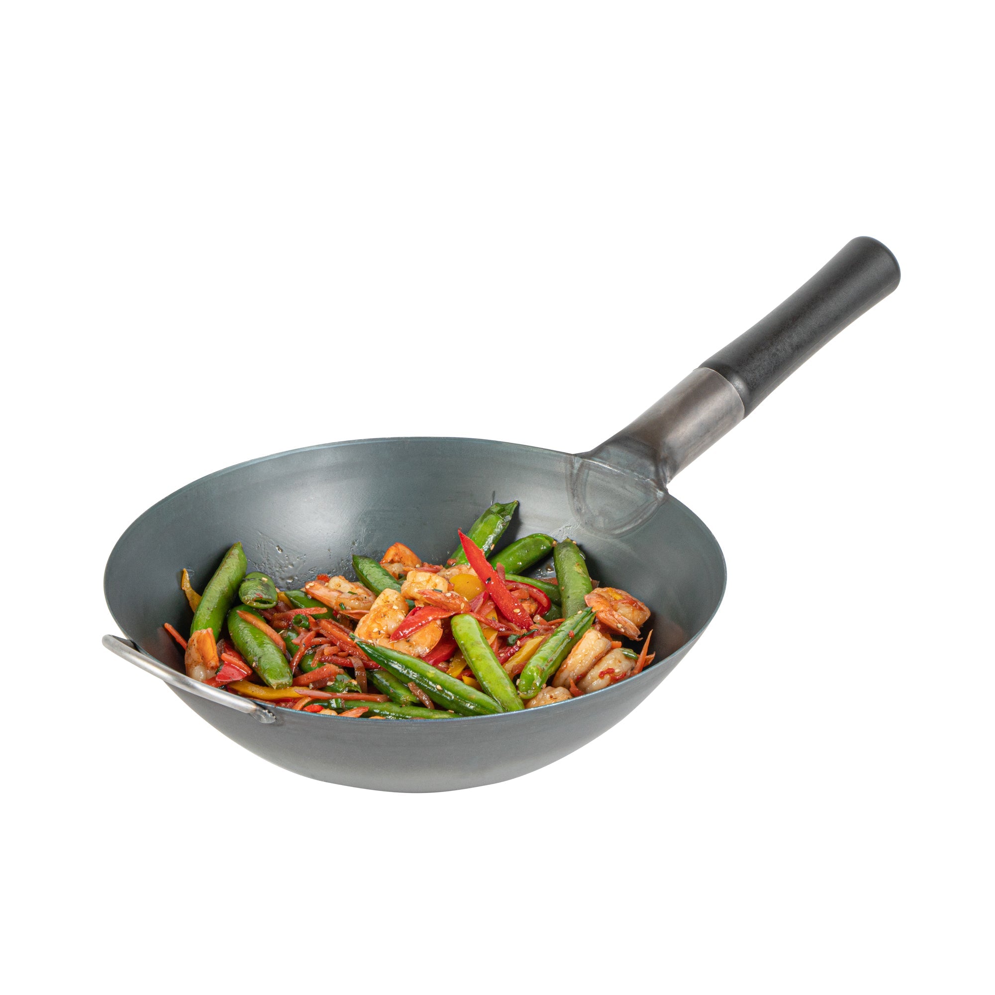 Motomori 12" Black Carbon Steel Flat Bottom Wok / Stir Fry Pan - Pre-seasoned, with Wooden Handle - 10 count box
