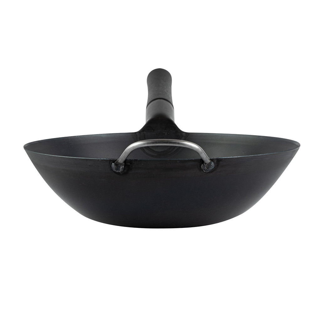 Motomori 12" Black Carbon Steel Flat Bottom Wok / Stir Fry Pan - Pre-seasoned, with Wooden Handle - 10 count box