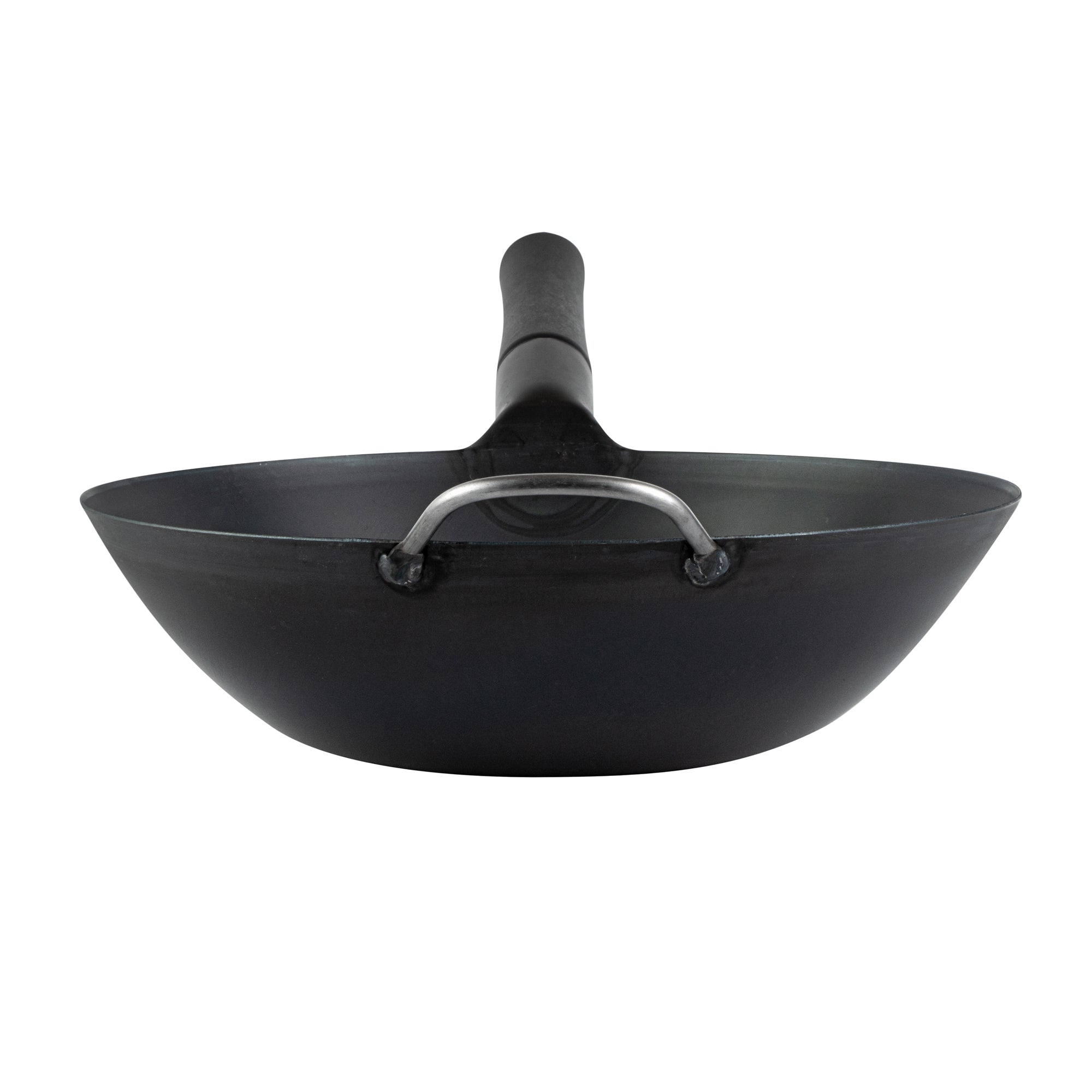 Motomori 12" Black Carbon Steel Flat Bottom Wok / Stir Fry Pan - Pre-seasoned, with Wooden Handle - 10 count box