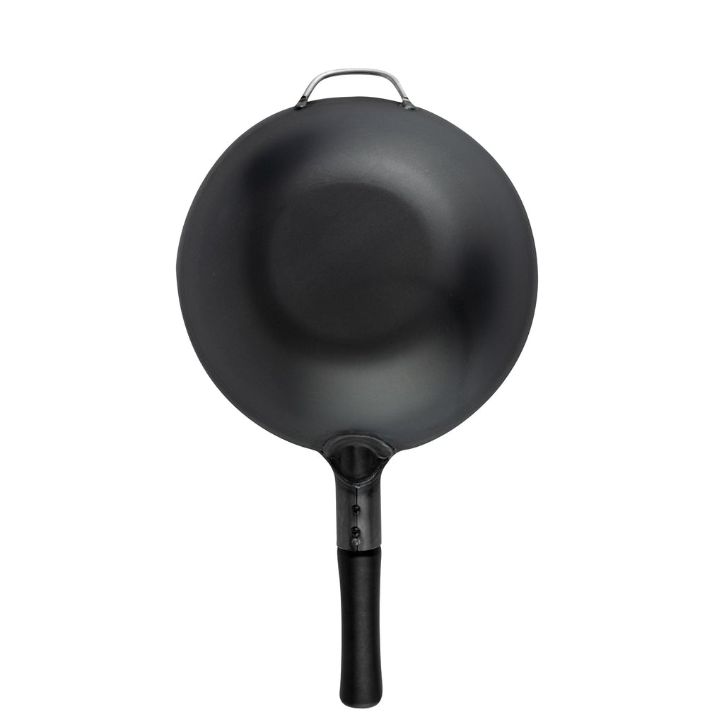 Motomori 12" Black Carbon Steel Flat Bottom Wok / Stir Fry Pan - Pre-seasoned, with Wooden Handle - 10 count box