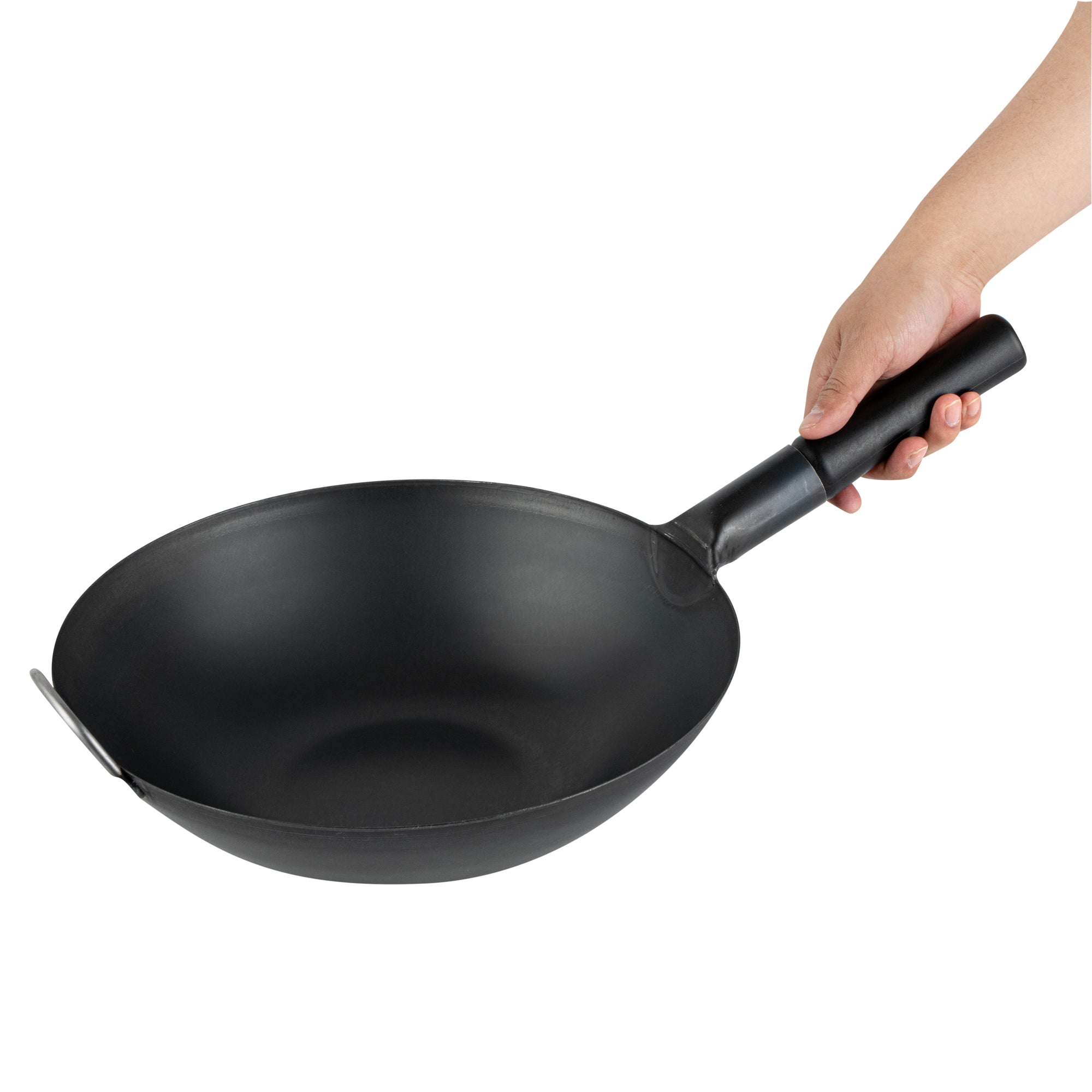 Motomori 14" Black Carbon Steel Flat Bottom Wok / Stir Fry Pan - Pre-seasoned, with Wooden Handle - 10 count box