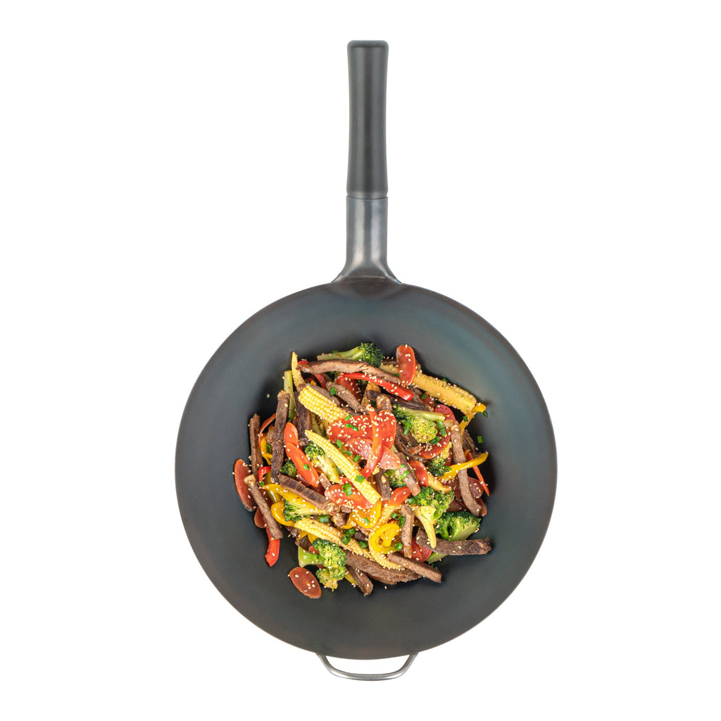 Motomori 14" Black Carbon Steel Flat Bottom Wok / Stir Fry Pan - Pre-seasoned, with Wooden Handle - 10 count box