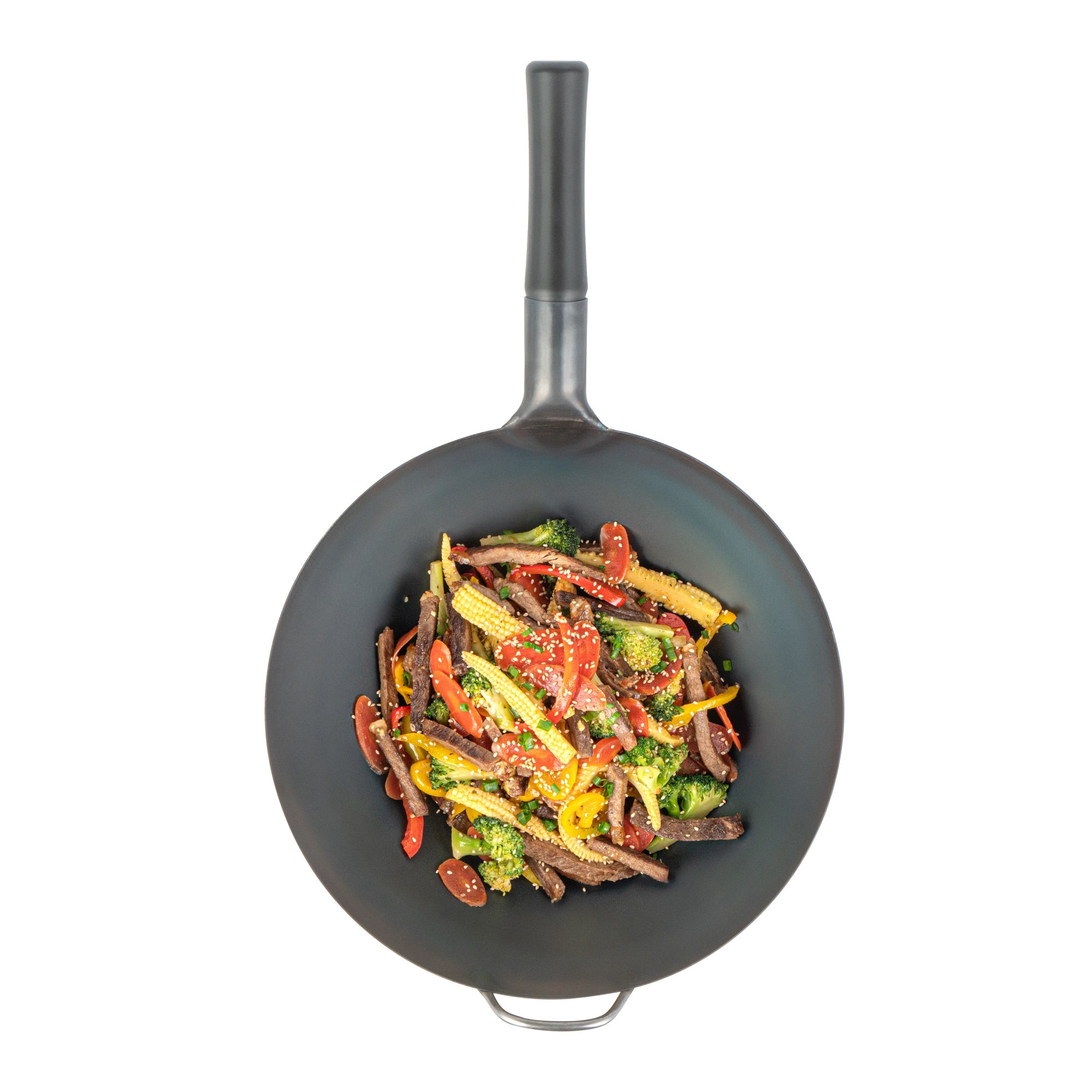 Motomori 14" Black Carbon Steel Flat Bottom Wok / Stir Fry Pan - Pre-seasoned, with Wooden Handle - 10 count box