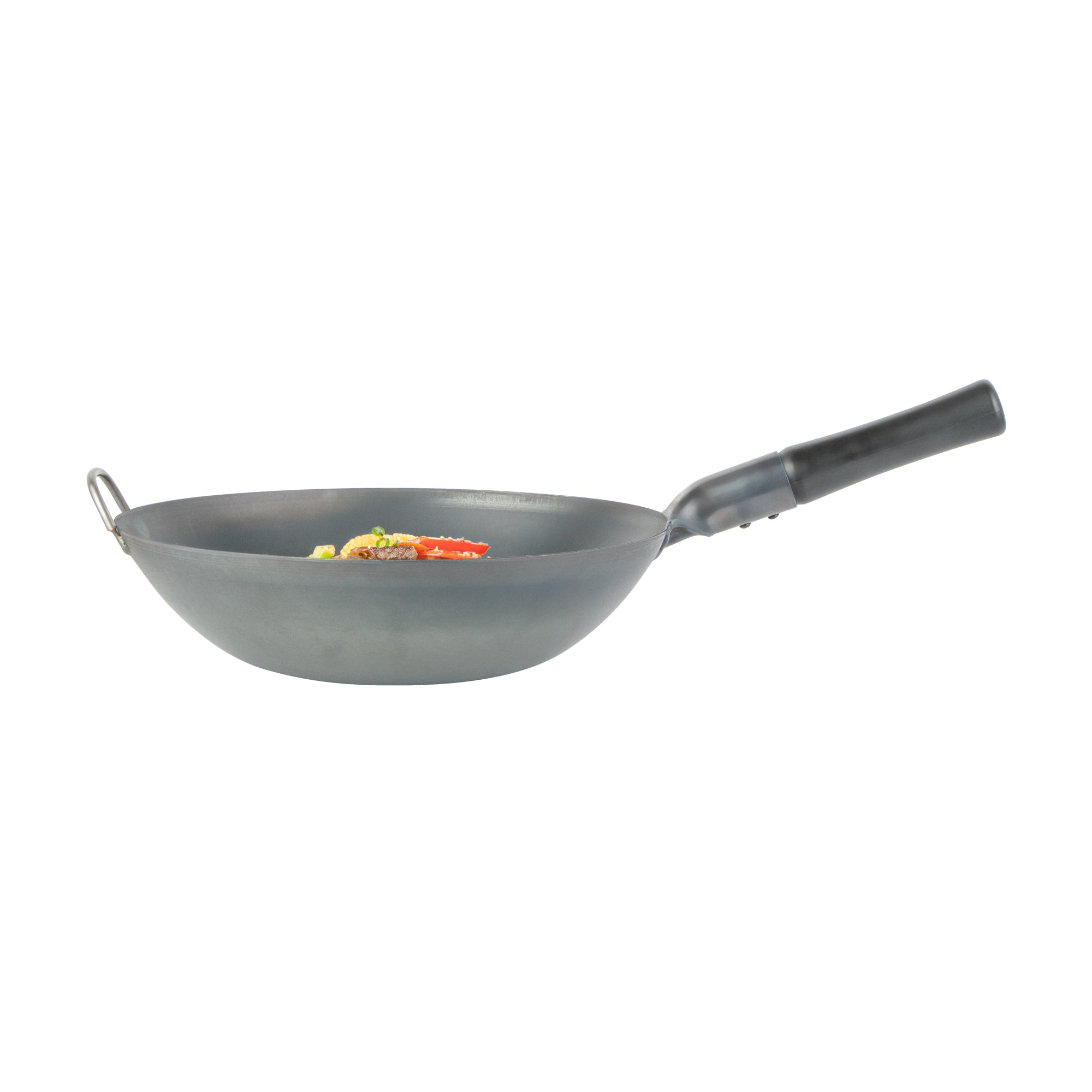 Motomori 14" Black Carbon Steel Flat Bottom Wok / Stir Fry Pan - Pre-seasoned, with Wooden Handle - 10 count box