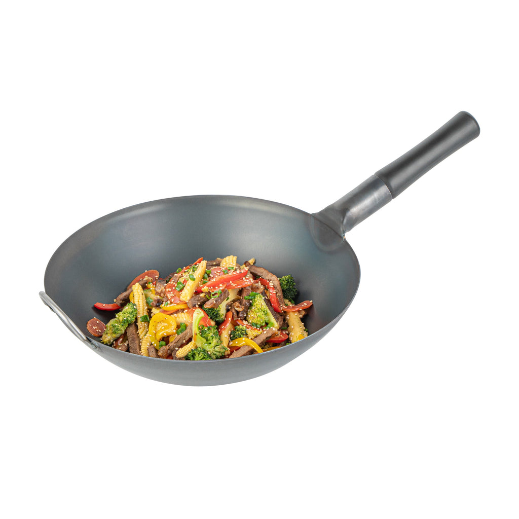 Motomori 14" Black Carbon Steel Flat Bottom Wok / Stir Fry Pan - Pre-seasoned, with Wooden Handle - 10 count box