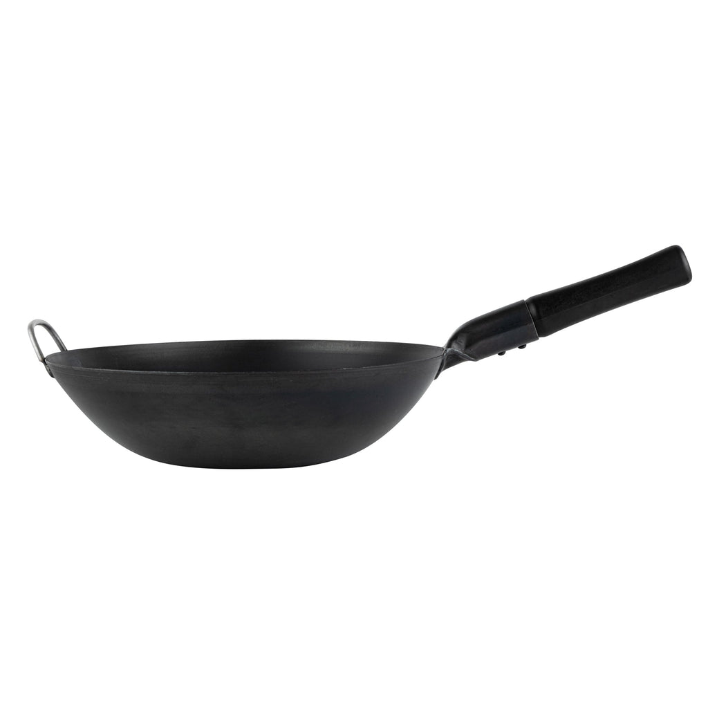 Motomori 14" Black Carbon Steel Flat Bottom Wok / Stir Fry Pan - Pre-seasoned, with Wooden Handle - 10 count box