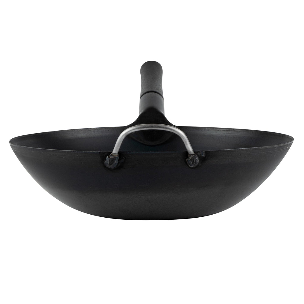 Motomori 14" Black Carbon Steel Flat Bottom Wok / Stir Fry Pan - Pre-seasoned, with Wooden Handle - 10 count box