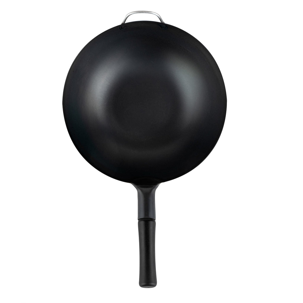 Motomori 14" Black Carbon Steel Flat Bottom Wok / Stir Fry Pan - Pre-seasoned, with Wooden Handle - 10 count box
