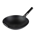 Motomori 14" Black Carbon Steel Round Bottom Wok / Stir Fry Pan - Pre-seasoned, with Wooden Handle - 1 count box