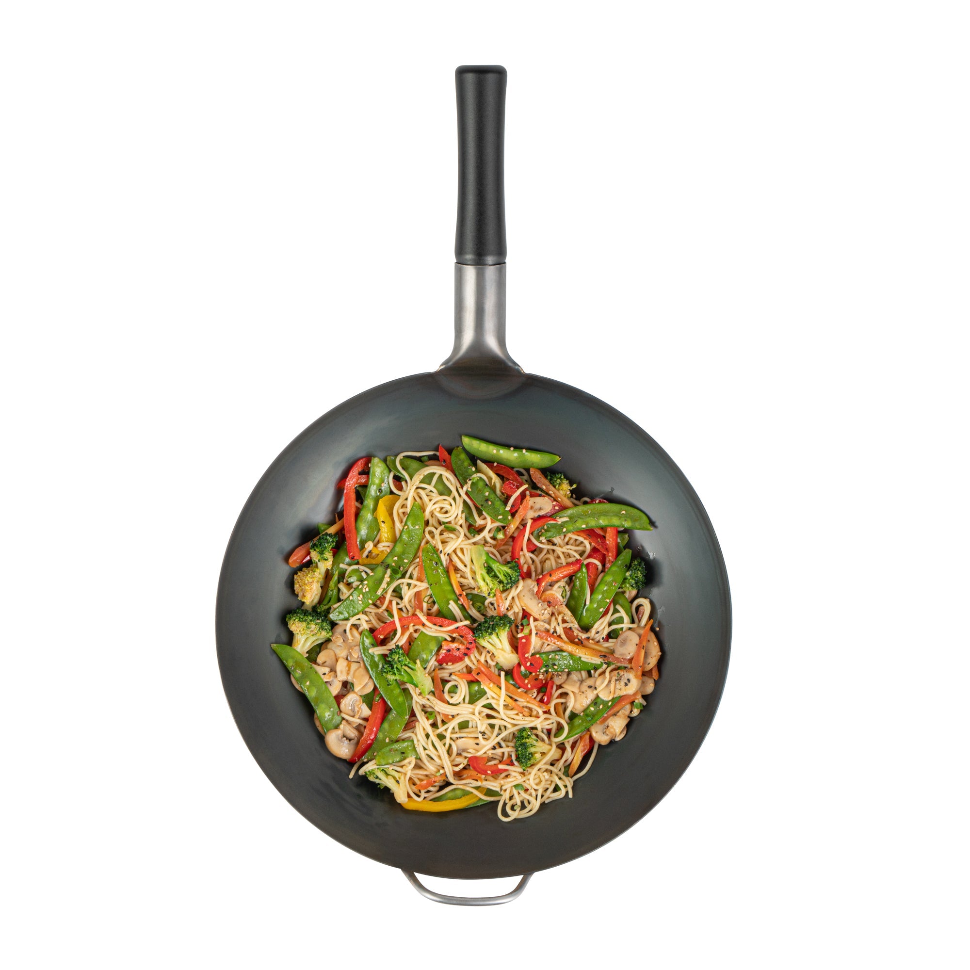Motomori 14" Black Carbon Steel Round Bottom Wok / Stir Fry Pan - Pre-seasoned, with Wooden Handle - 1 count box