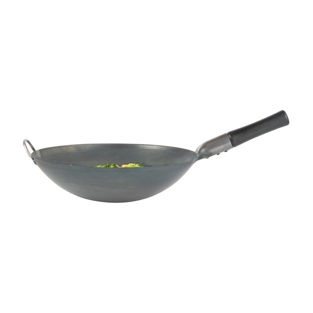 Motomori 14" Black Carbon Steel Round Bottom Wok / Stir Fry Pan - Pre-seasoned, with Wooden Handle - 1 count box