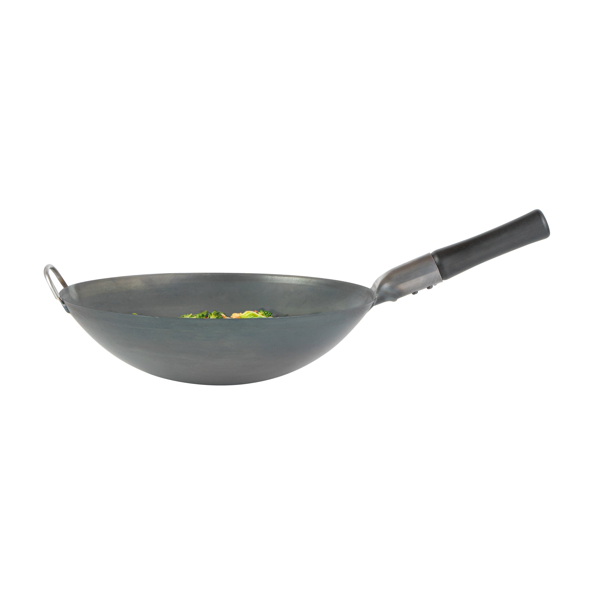 Motomori 14" Black Carbon Steel Round Bottom Wok / Stir Fry Pan - Pre-seasoned, with Wooden Handle - 1 count box