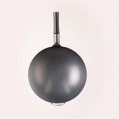 Motomori 14" Black Carbon Steel Round Bottom Wok / Stir Fry Pan - Pre-seasoned, with Wooden Handle - 1 count box