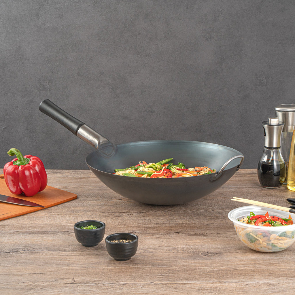 Motomori 14" Black Carbon Steel Round Bottom Wok / Stir Fry Pan - Pre-seasoned, with Wooden Handle - 1 count box