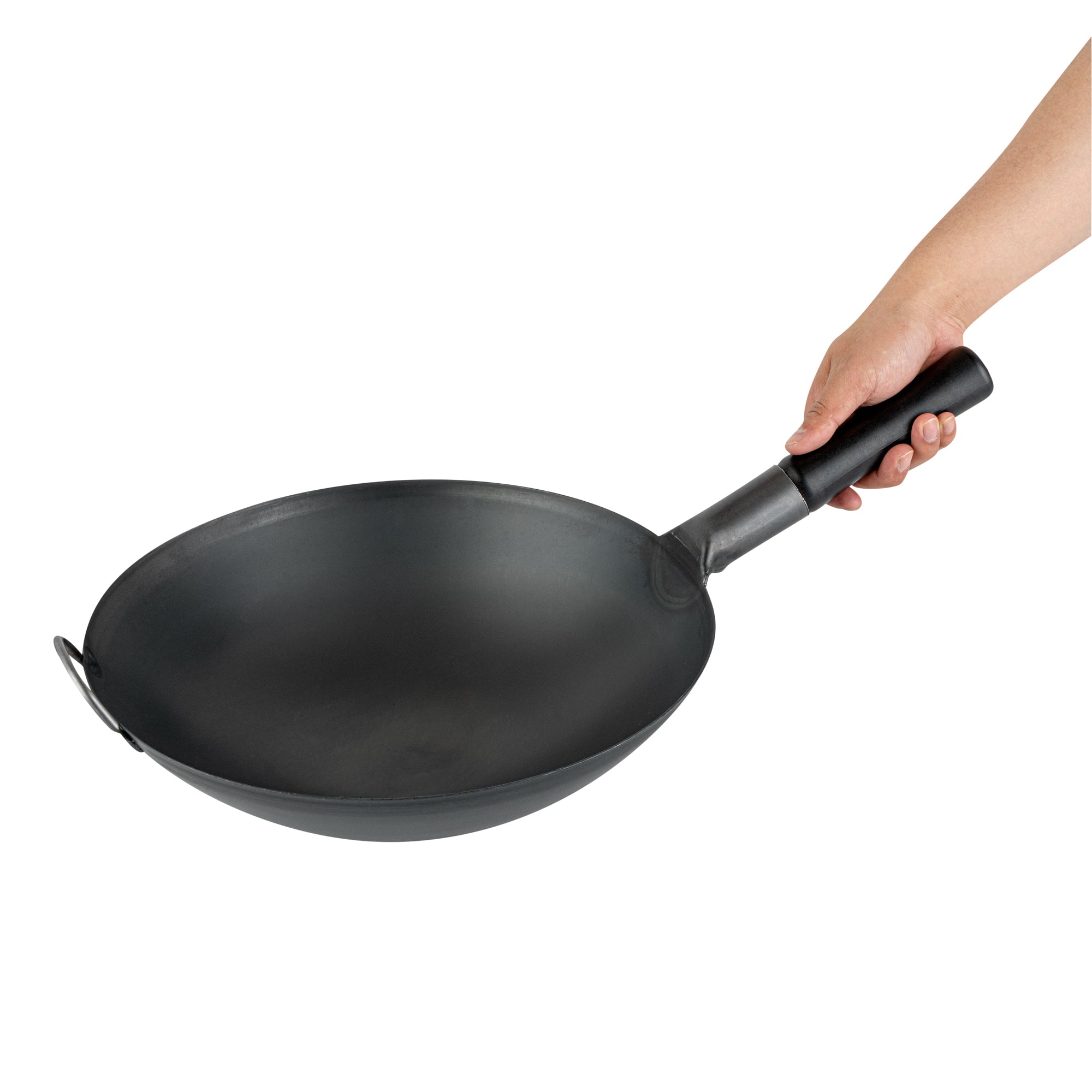 Motomori 14" Black Carbon Steel Round Bottom Wok / Stir Fry Pan - Pre-seasoned, with Wooden Handle - 10 count box