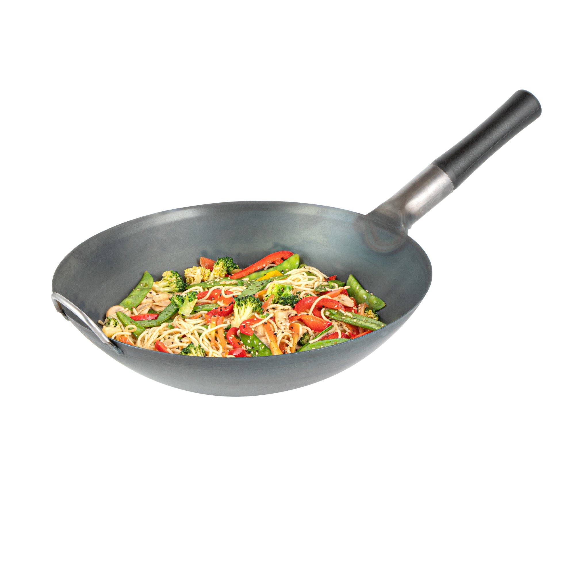 Motomori 14" Black Carbon Steel Round Bottom Wok / Stir Fry Pan - Pre-seasoned, with Wooden Handle - 10 count box