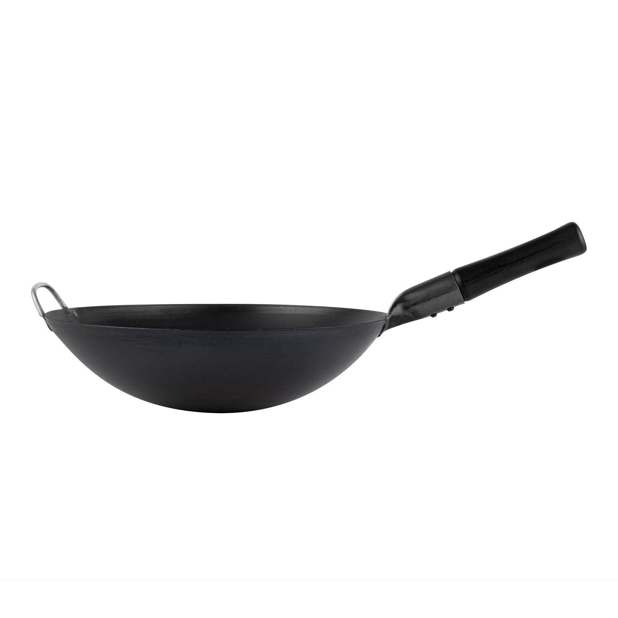 Motomori 14" Black Carbon Steel Round Bottom Wok / Stir Fry Pan - Pre-seasoned, with Wooden Handle - 10 count box