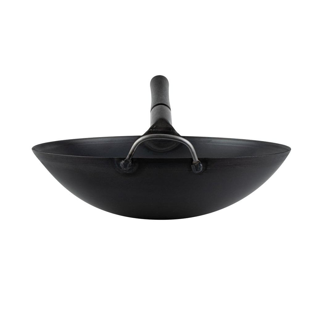 Motomori 14" Black Carbon Steel Round Bottom Wok / Stir Fry Pan - Pre-seasoned, with Wooden Handle - 10 count box