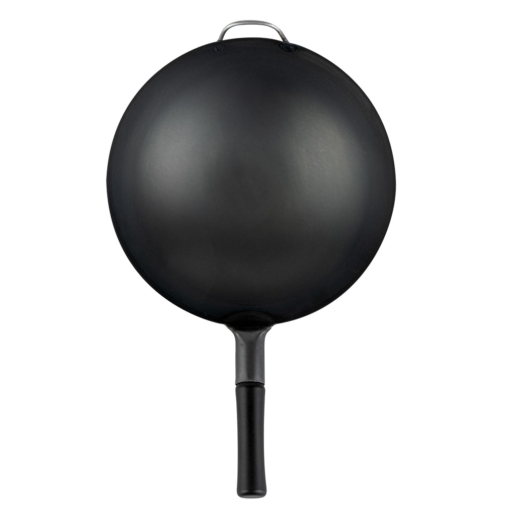 Motomori 14" Black Carbon Steel Round Bottom Wok / Stir Fry Pan - Pre-seasoned, with Wooden Handle - 10 count box