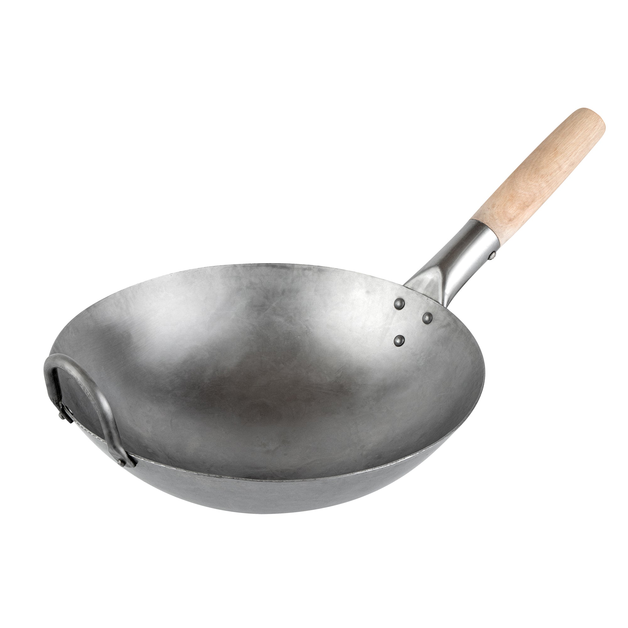 Motomori 12" Carbon Steel Round Bottom Wok / Stir Fry Pan - Hand Hammered, with Wooden Handle - 1 count box