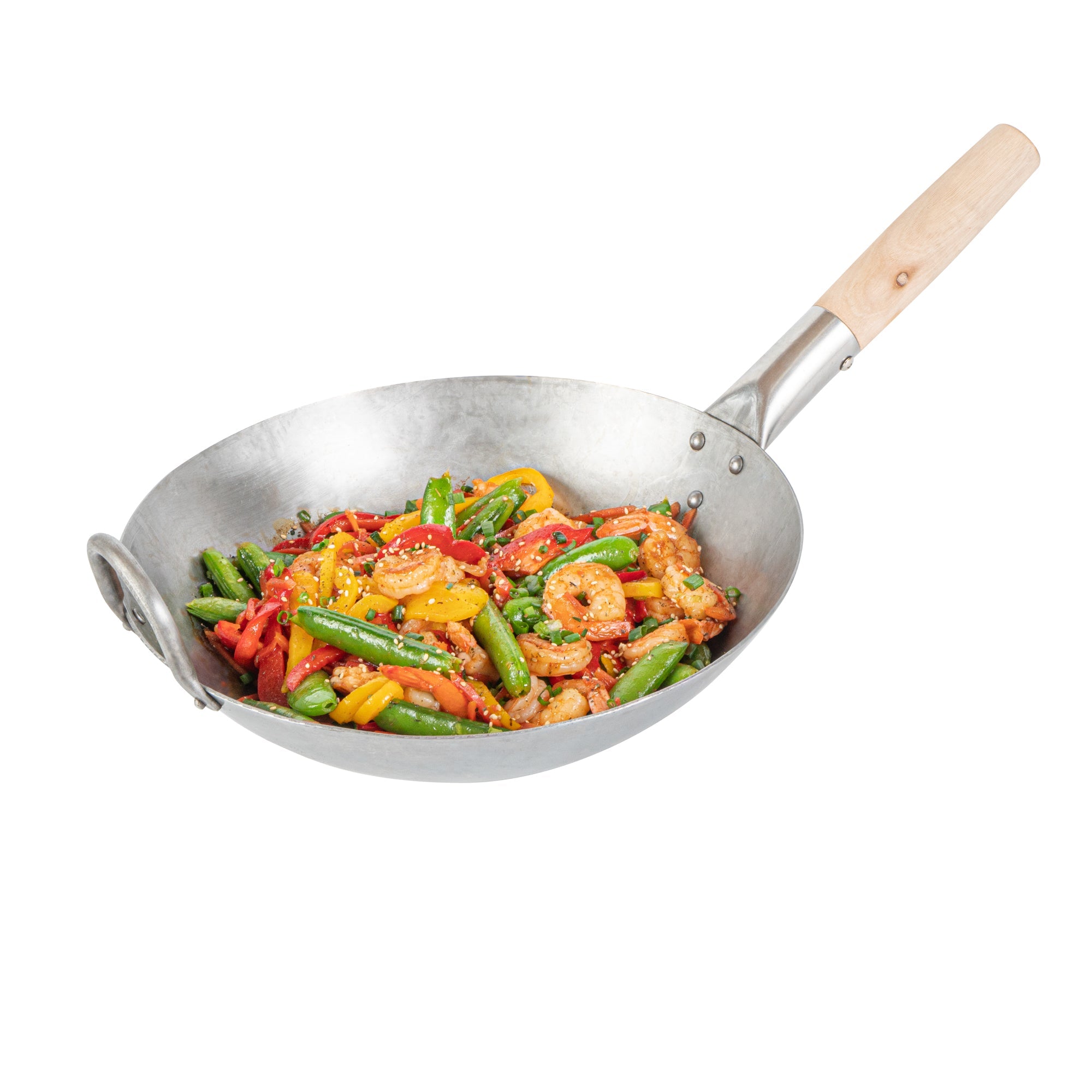 Motomori 12" Carbon Steel Round Bottom Wok / Stir Fry Pan - Hand Hammered, with Wooden Handle - 1 count box