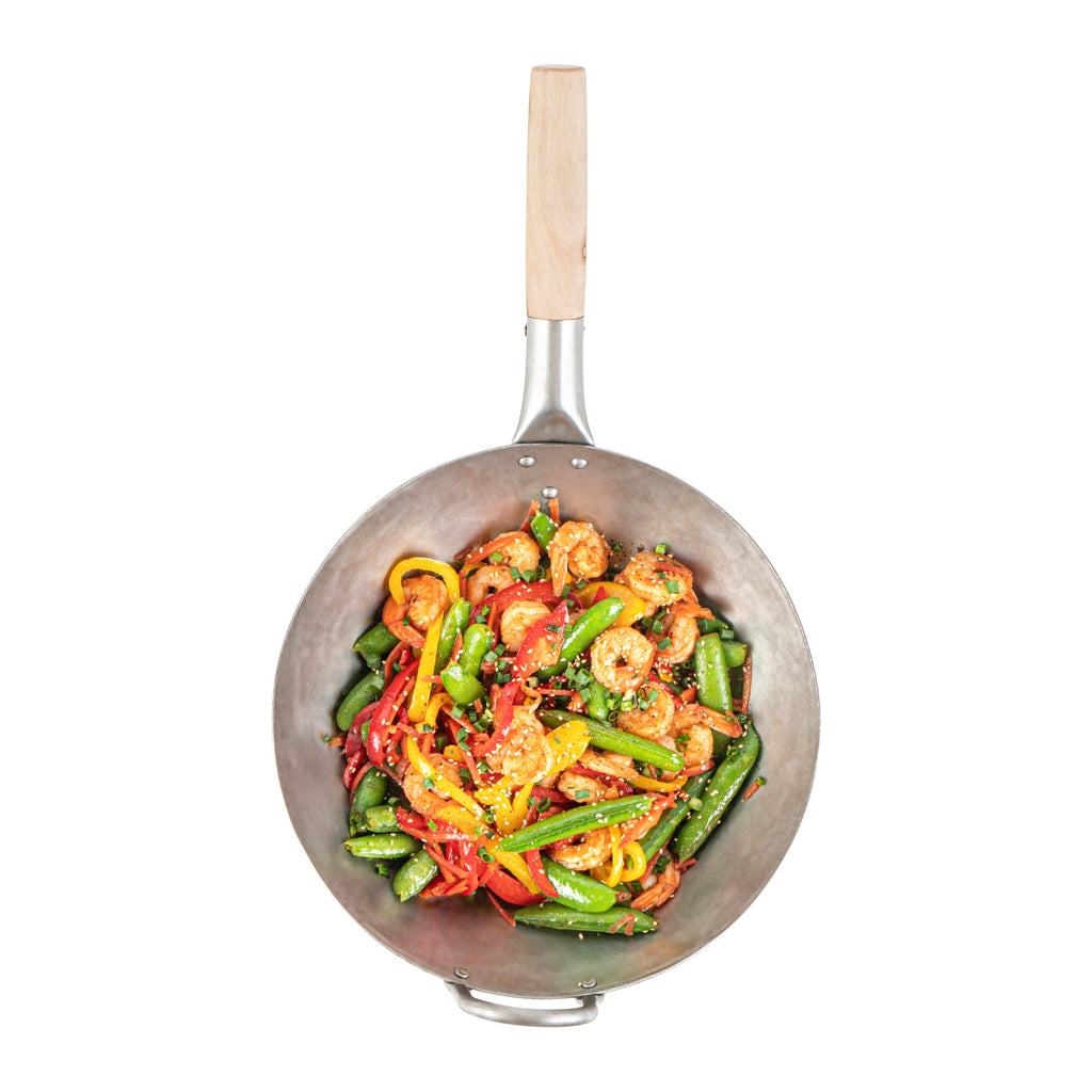 Motomori 12" Carbon Steel Round Bottom Wok / Stir Fry Pan - Hand Hammered, with Wooden Handle - 1 count box