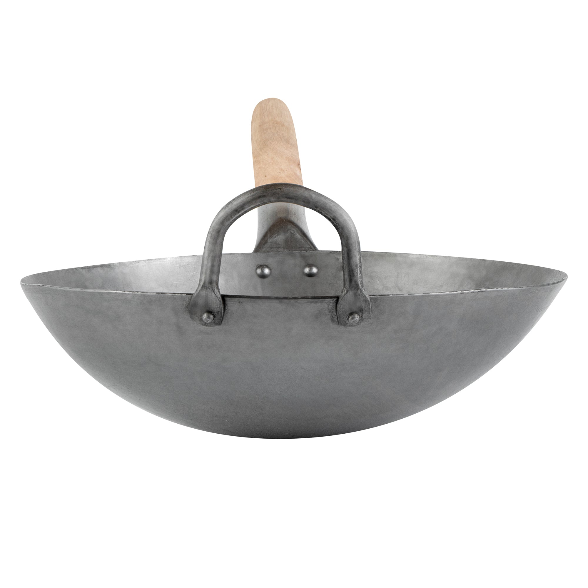 Motomori 12" Carbon Steel Round Bottom Wok / Stir Fry Pan - Hand Hammered, with Wooden Handle - 1 count box