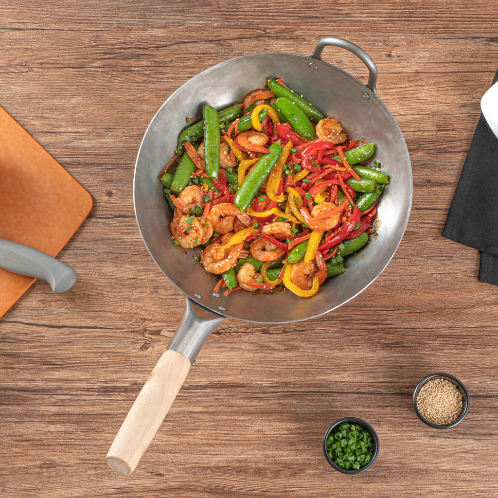 Motomori 12" Carbon Steel Round Bottom Wok / Stir Fry Pan - Hand Hammered, with Wooden Handle - 1 count box