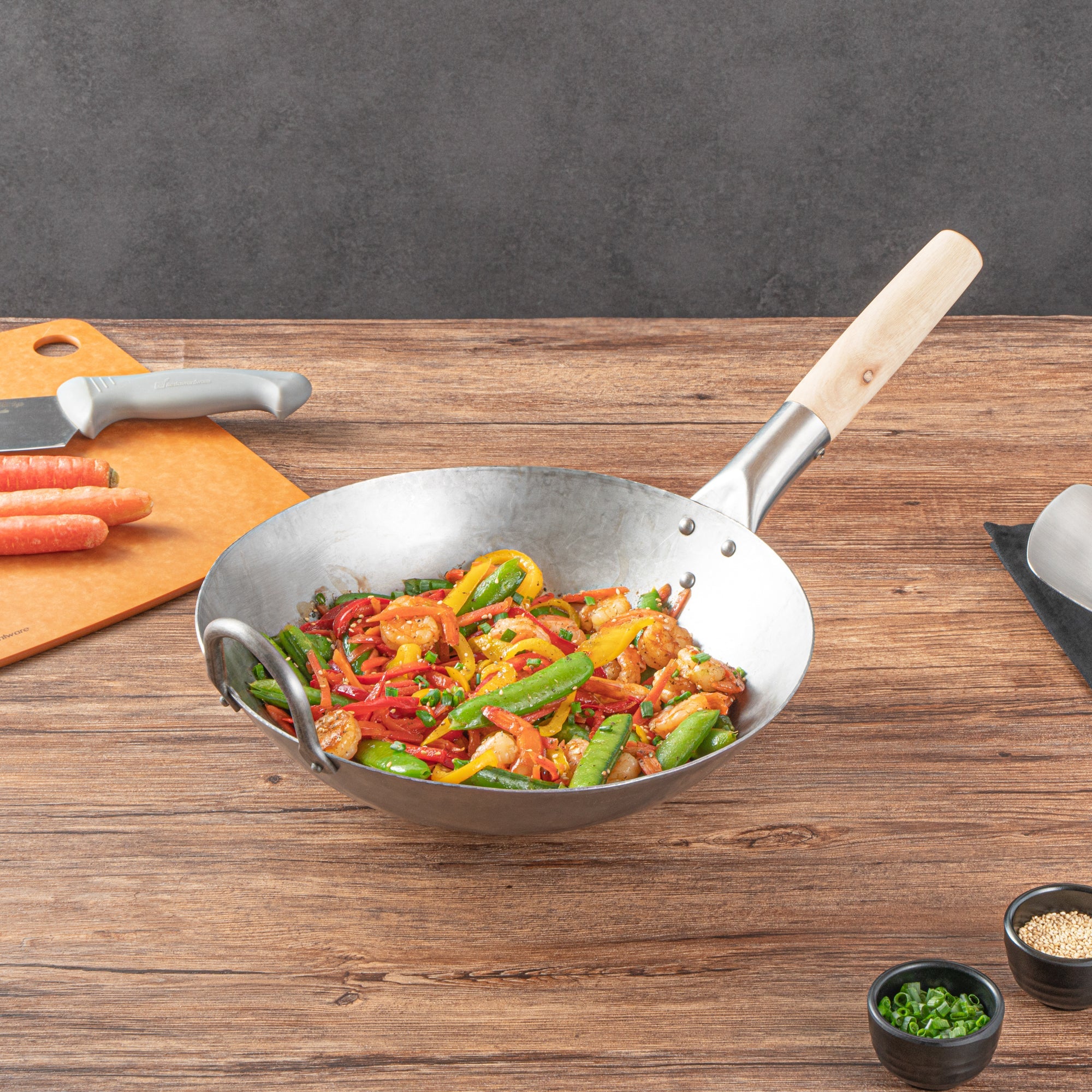Motomori 12" Carbon Steel Round Bottom Wok / Stir Fry Pan - Hand Hammered, with Wooden Handle - 10 count box