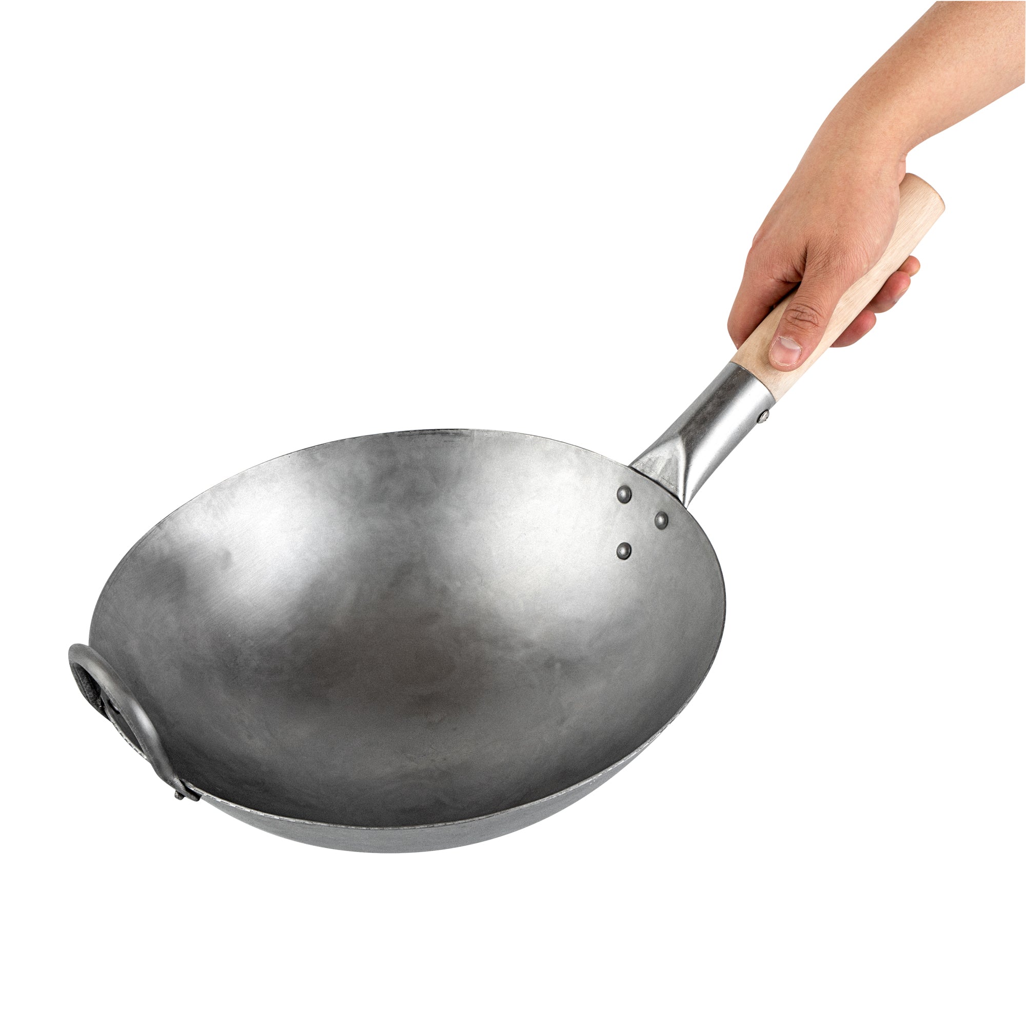 Motomori 12" Carbon Steel Round Bottom Wok / Stir Fry Pan - Hand Hammered, with Wooden Handle - 10 count box