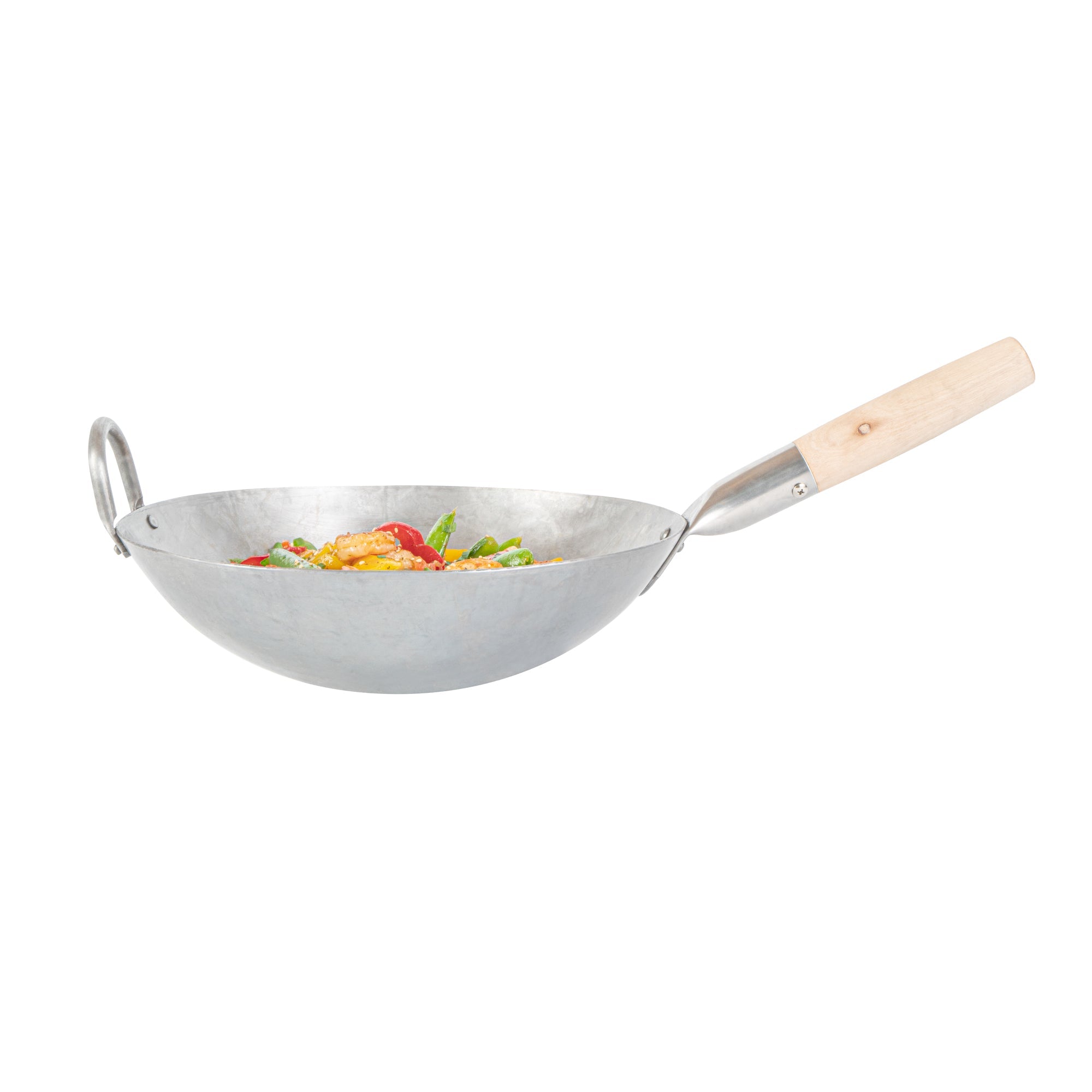 Motomori 12" Carbon Steel Round Bottom Wok / Stir Fry Pan - Hand Hammered, with Wooden Handle - 10 count box