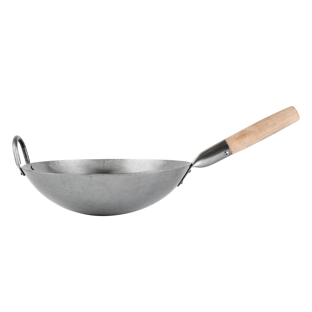 Motomori 12" Carbon Steel Round Bottom Wok / Stir Fry Pan - Hand Hammered, with Wooden Handle - 10 count box