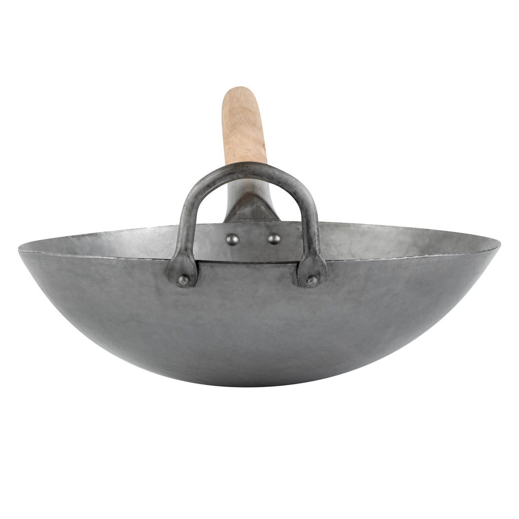 Motomori 12" Carbon Steel Round Bottom Wok / Stir Fry Pan - Hand Hammered, with Wooden Handle - 10 count box