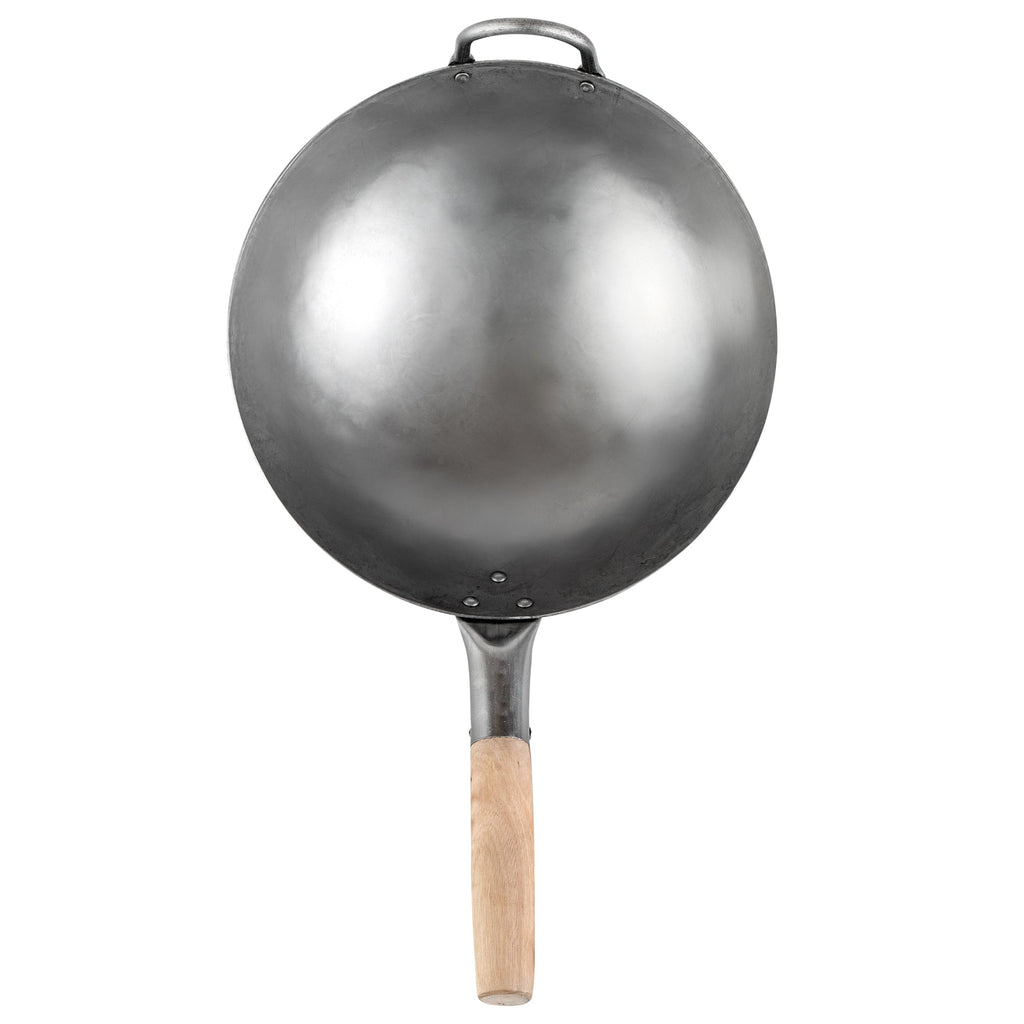 Motomori 12" Carbon Steel Round Bottom Wok / Stir Fry Pan - Hand Hammered, with Wooden Handle - 10 count box