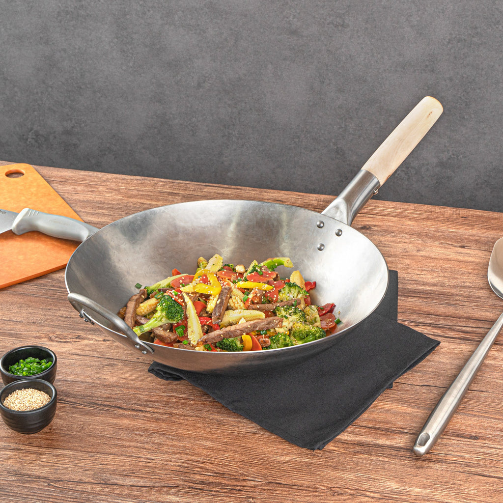 Motomori 14" Carbon Steel Round Bottom Wok / Stir Fry Pan - Hand Hammered, with Wooden Handle - 1 count box