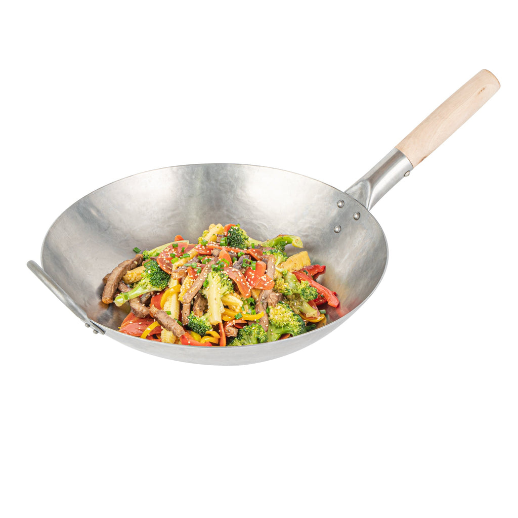 Motomori 14" Carbon Steel Round Bottom Wok / Stir Fry Pan - Hand Hammered, with Wooden Handle - 1 count box