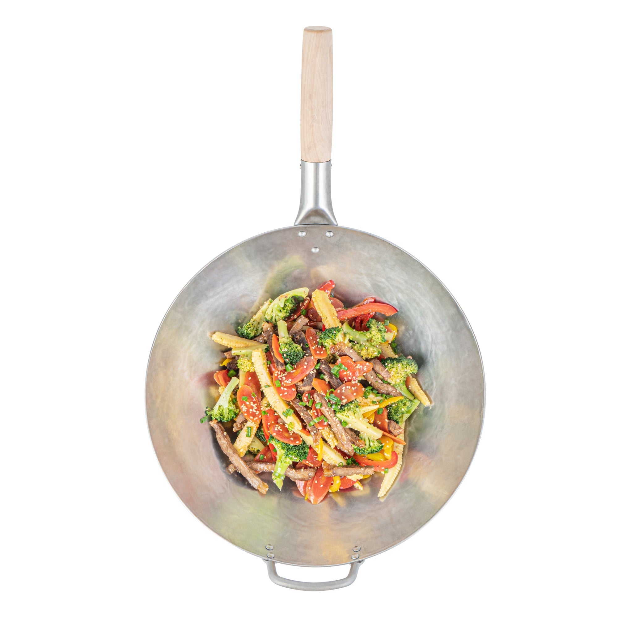 Motomori 14" Carbon Steel Round Bottom Wok / Stir Fry Pan - Hand Hammered, with Wooden Handle - 1 count box