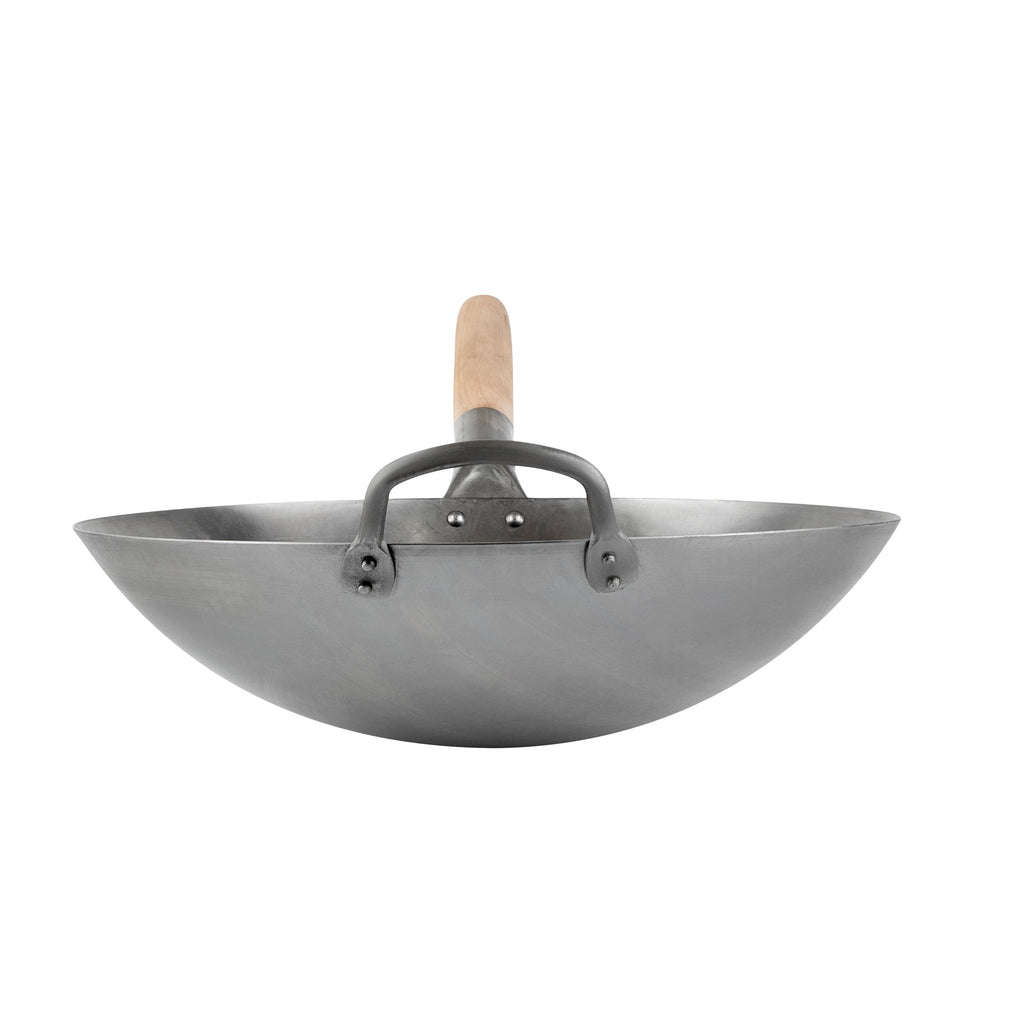 Motomori 14" Carbon Steel Round Bottom Wok / Stir Fry Pan - Hand Hammered, with Wooden Handle - 1 count box