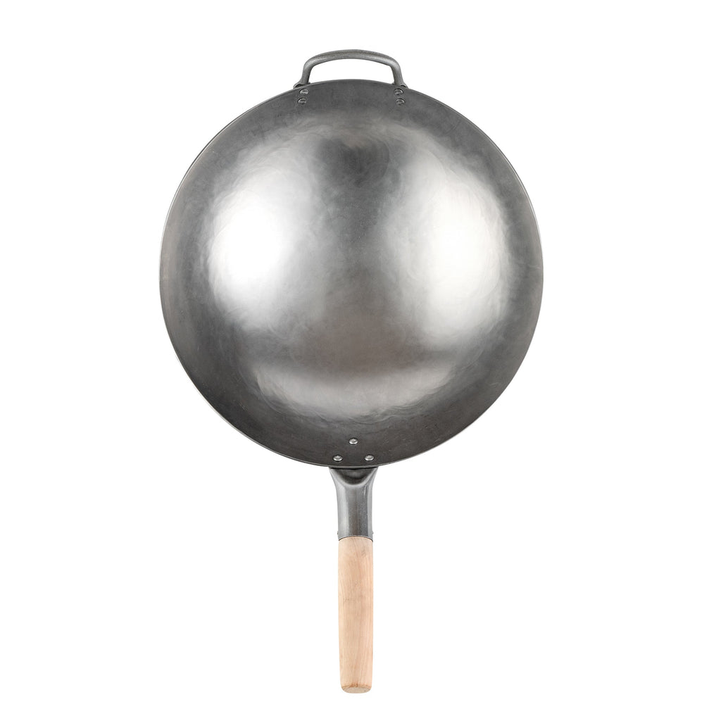 Motomori 14" Carbon Steel Round Bottom Wok / Stir Fry Pan - Hand Hammered, with Wooden Handle - 1 count box