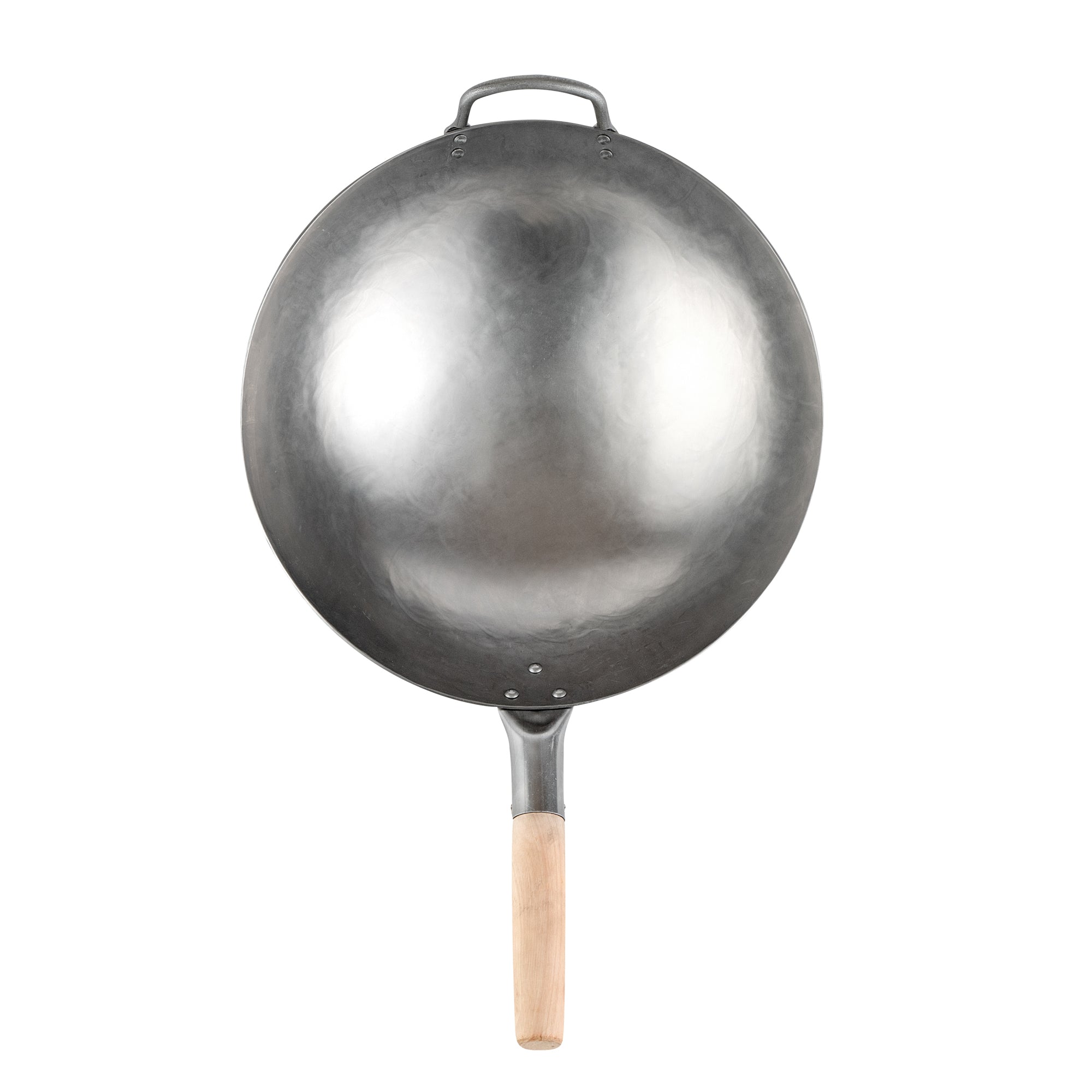 Motomori 14" Carbon Steel Round Bottom Wok / Stir Fry Pan - Hand Hammered, with Wooden Handle - 1 count box