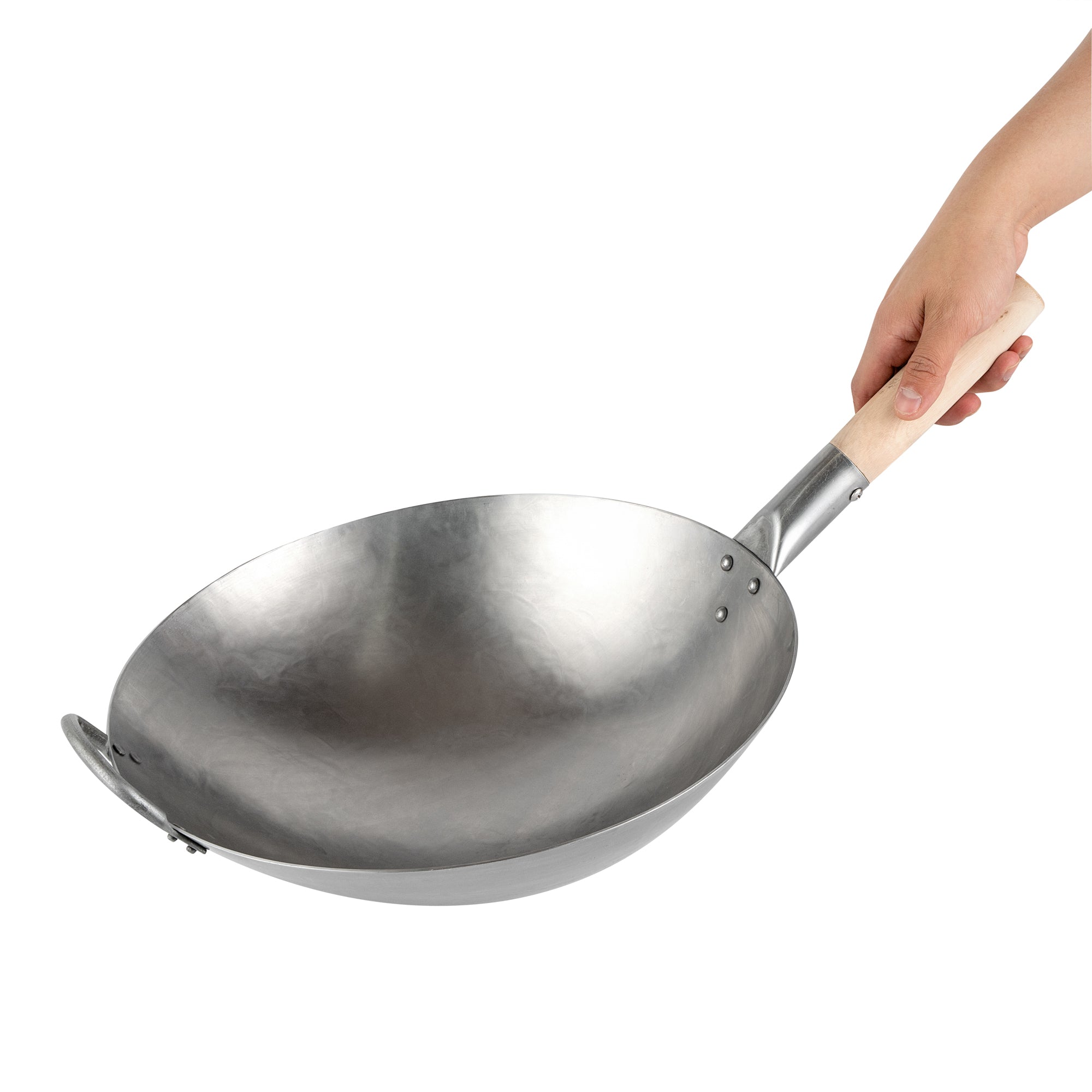 Motomori 14" Carbon Steel Round Bottom Wok / Stir Fry Pan - Hand Hammered, with Wooden Handle - 10 count box