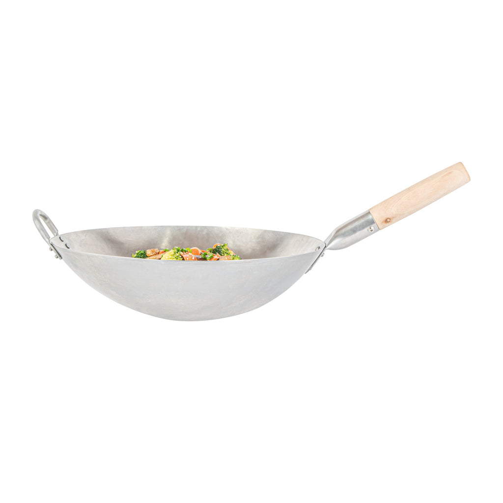 Motomori 14" Carbon Steel Round Bottom Wok / Stir Fry Pan - Hand Hammered, with Wooden Handle - 10 count box