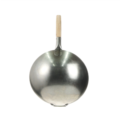 Motomori 14" Carbon Steel Round Bottom Wok / Stir Fry Pan - Hand Hammered, with Wooden Handle - 10 count box
