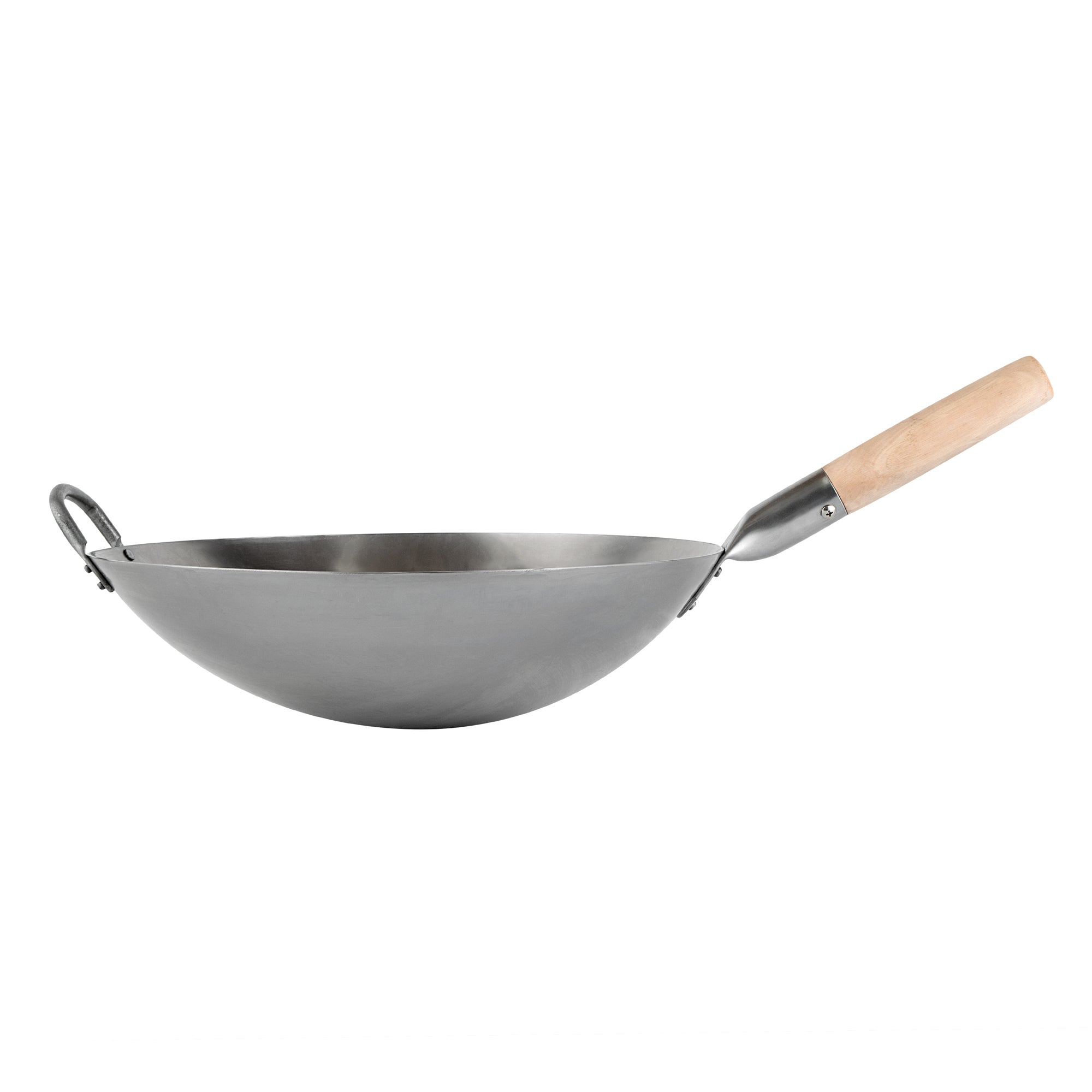 Motomori 14" Carbon Steel Round Bottom Wok / Stir Fry Pan - Hand Hammered, with Wooden Handle - 10 count box