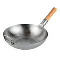 Motomori 13 1/2" Carbon Steel Flat Bottom Wok / Stir Fry Pan - Hand Hammered, with Wooden Handle - 1 count box