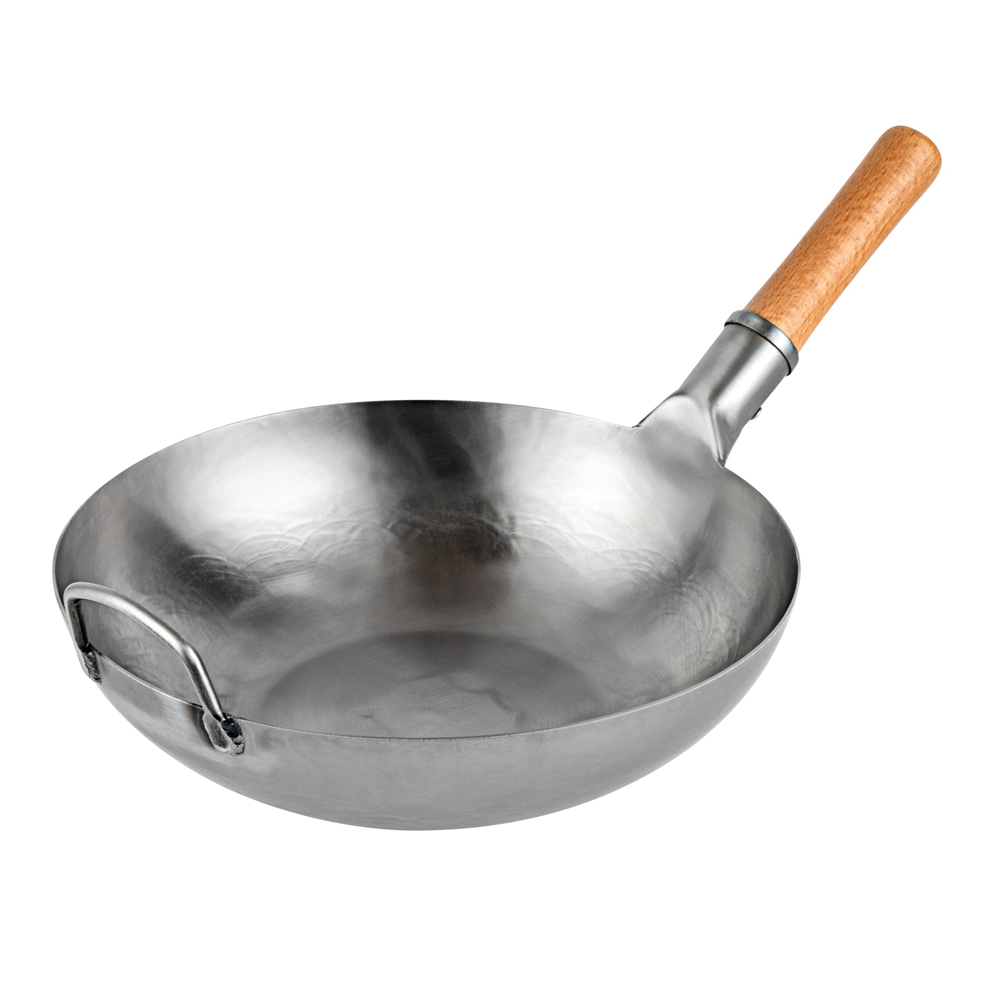 Motomori 13 1/2" Carbon Steel Flat Bottom Wok / Stir Fry Pan - Hand Hammered, with Wooden Handle - 1 count box
