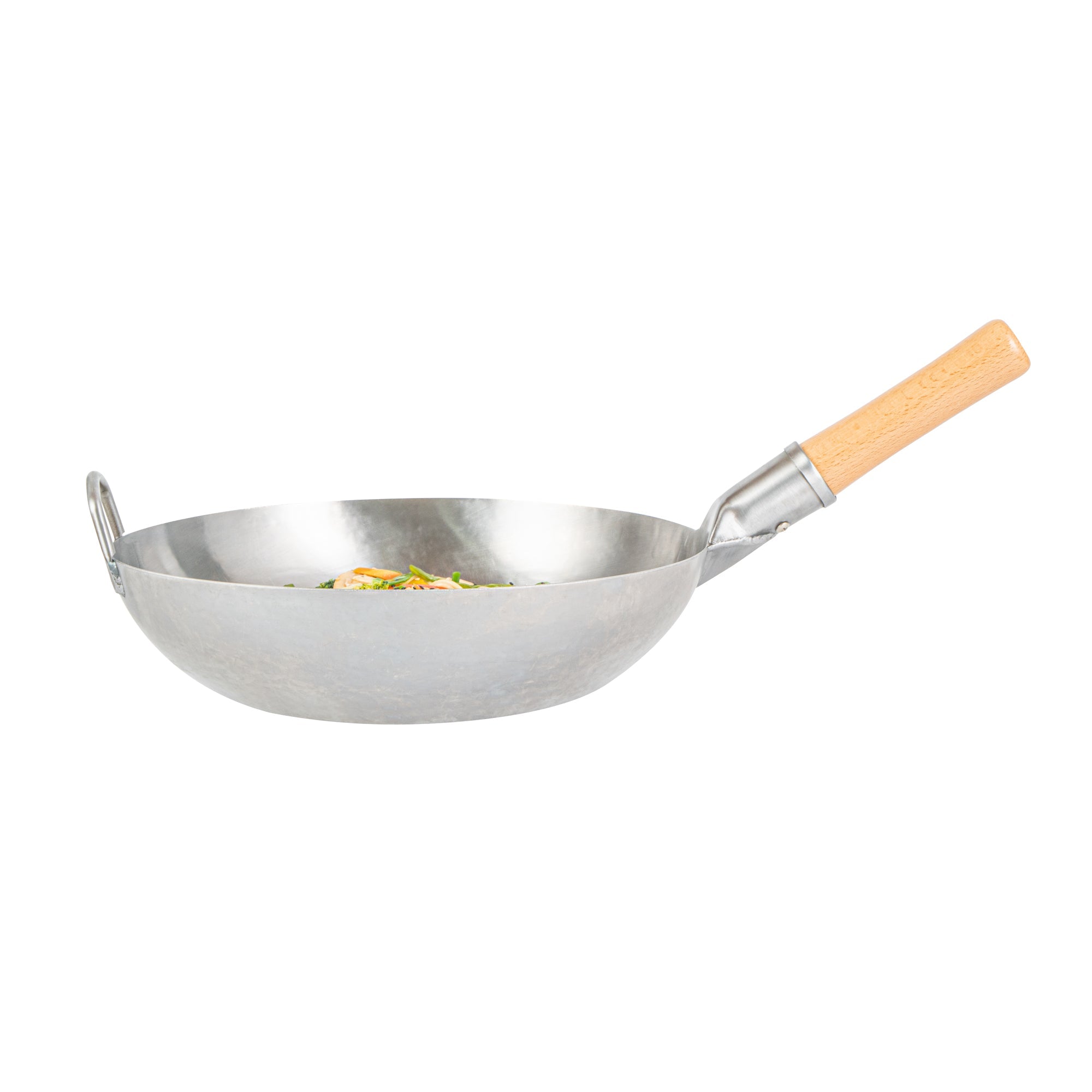 Motomori 13 1/2" Carbon Steel Flat Bottom Wok / Stir Fry Pan - Hand Hammered, with Wooden Handle - 1 count box