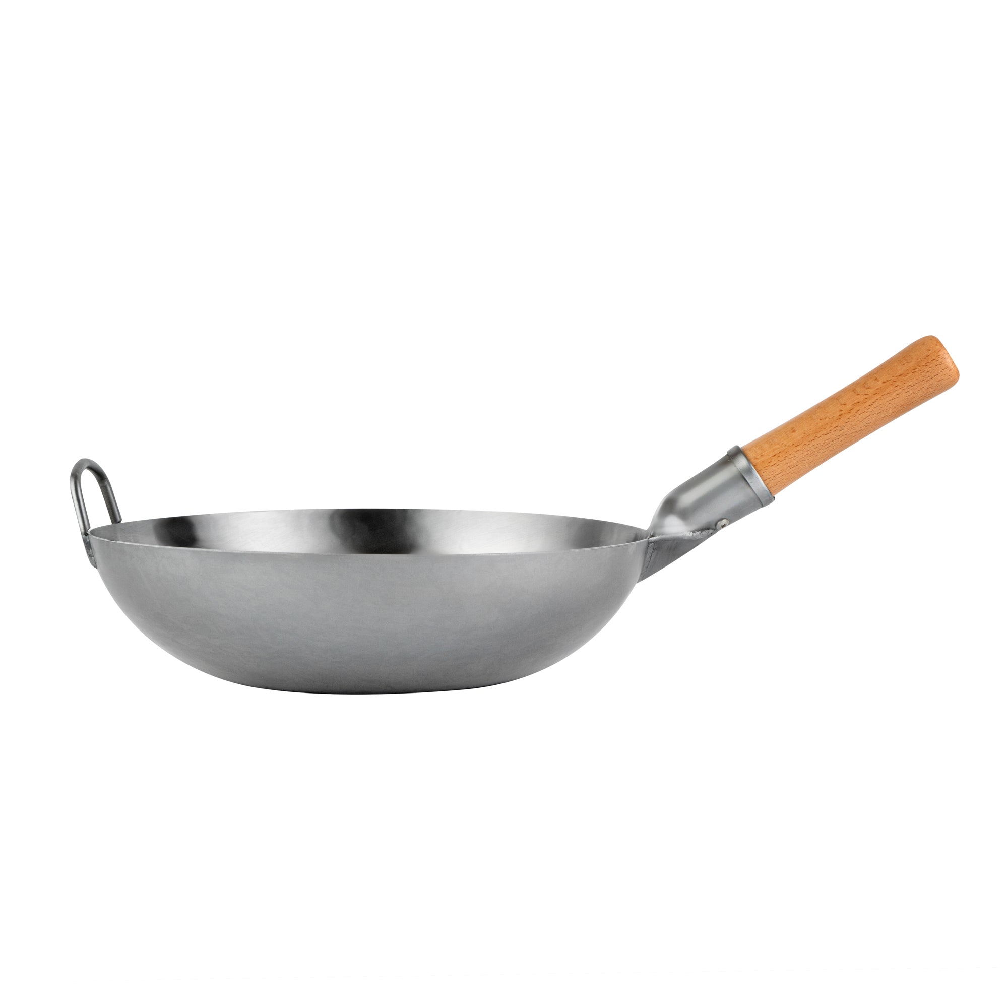 Motomori 13 1/2" Carbon Steel Flat Bottom Wok / Stir Fry Pan - Hand Hammered, with Wooden Handle - 1 count box